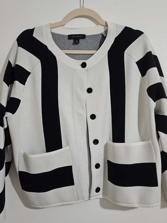 Ann Taylor Sweaters - Ann Taylor Black & White Striped Button Cardigan XL
